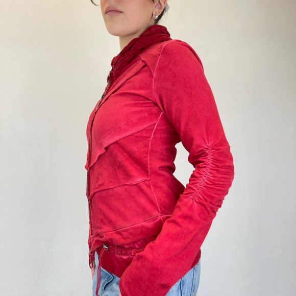 XS - Y2K Yest Red Ruched Ruffled Zip Up Jacket - Picture 2 of 5